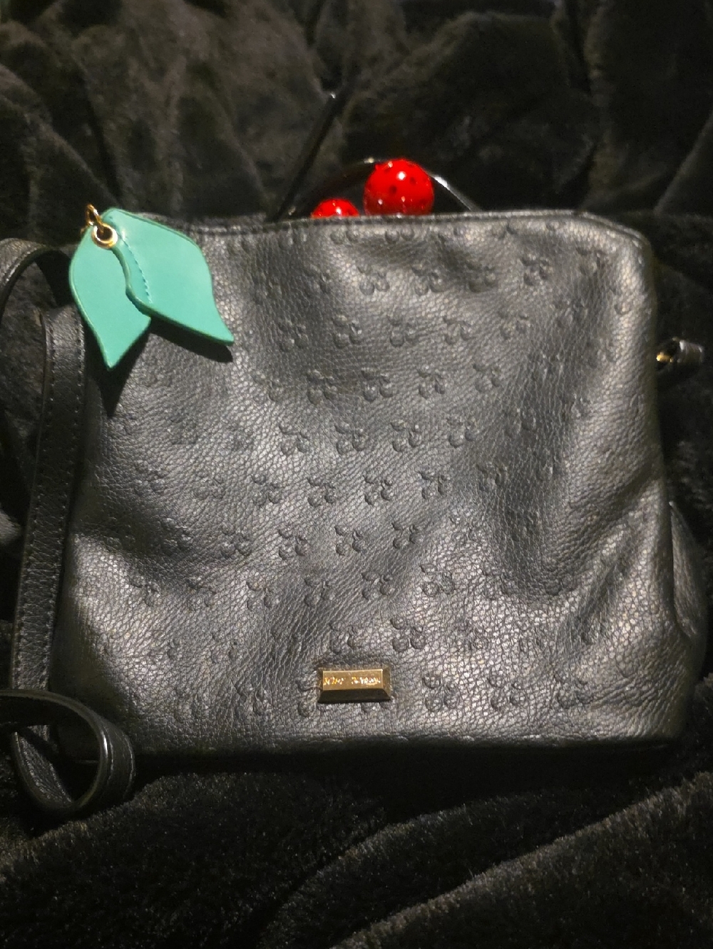 Betsey Johnson RARE Black Leather Crossbody Bag with Leaf Charm and Cherries
